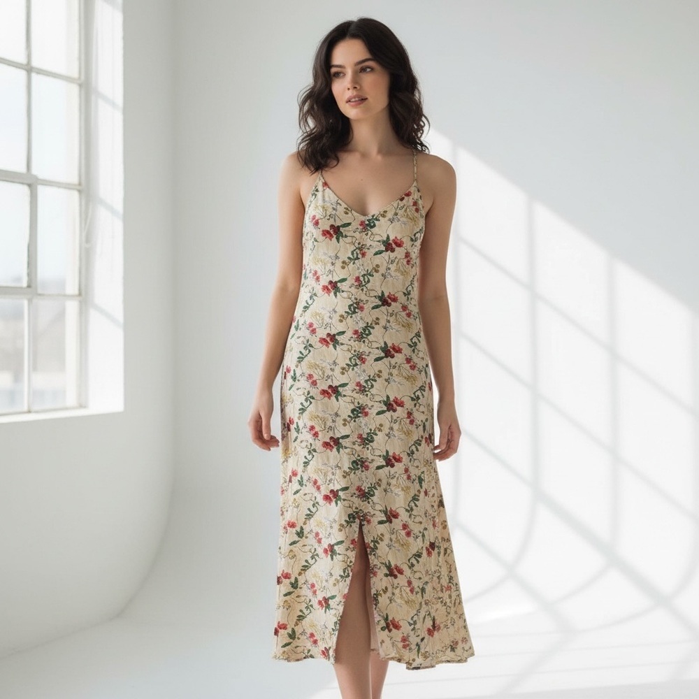 🌻NEW w/tag Hanro Jill Tan Floral Spaghetti Strap Criss-Cross Nightgown Size S